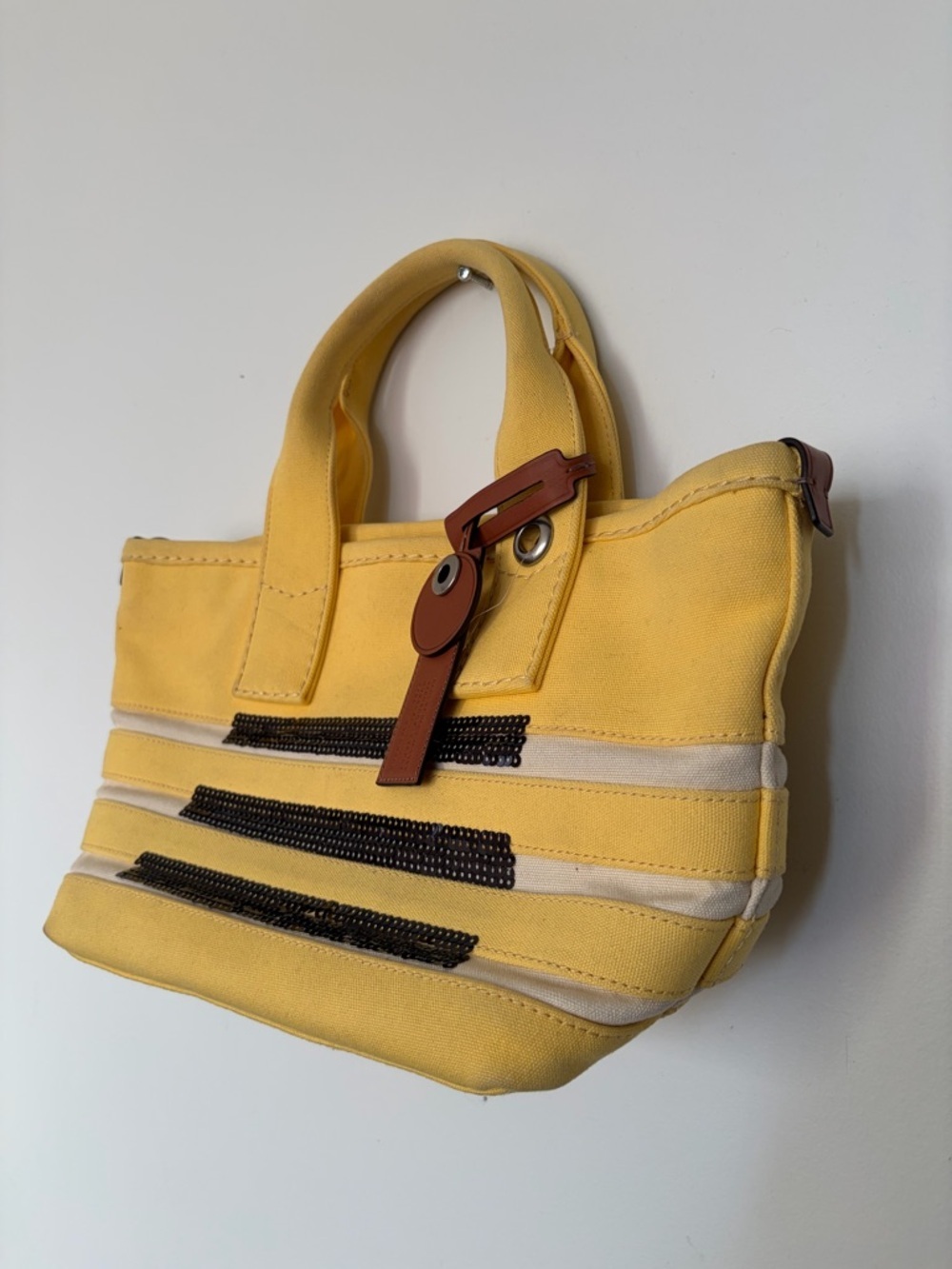 Marc Jacobs St Tropez Blue, Yellow Canvas Black & White Sequins Small Tote - Picture 2 of 16